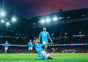 Rico Lewis of Manchester City celebrates after scoring a goal to make it 2-0 in the Premier League match between Manchester City and Crystal Palace at the Etihad Stadium, Manchester, England. Saturday 16th December 2023. (Photo by Isaac Parkin/Manchester City FC)
