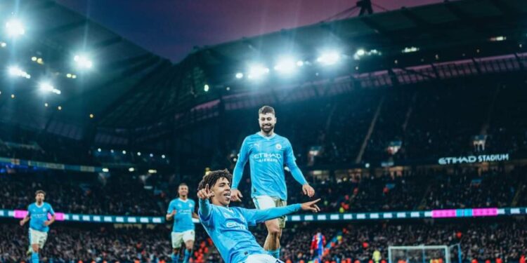 Rico Lewis of Manchester City celebrates after scoring a goal to make it 2-0 in the Premier League match between Manchester City and Crystal Palace at the Etihad Stadium, Manchester, England. Saturday 16th December 2023. (Photo by Isaac Parkin/Manchester City FC)
