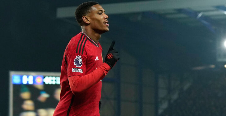Liverpool, England, 26th November 2023. Anthony Martial of Manchester United, ManU celebrates scoring their third goal past Jordan Pickford of Everton during the Premier League match at Goodison Park, Liverpool. Picture credit should read: Andrew Yates / Sportimage EDITORIAL USE ONLY. No use with unauthorised audio, video, data, fixture lists, club/league logos or live services. Online in-match use limited to 120 images, no video emulation. No use in betting, games or single club/league/player publications. SPI-2744-0073