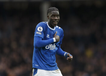 LIVERPOOL, ENGLAND - FEBRUARY 04: Amadou Onana of Everton celebrates after the Premier League match between Everton FC and Arsenal FC at Goodison Park on February 4, 2023 in Liverpool, United Kingdom. (Photo by Daniel Chesterton/Offside/Offside via Getty Images)