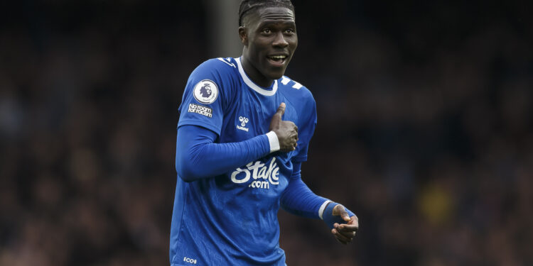 LIVERPOOL, ENGLAND - FEBRUARY 04: Amadou Onana of Everton celebrates after the Premier League match between Everton FC and Arsenal FC at Goodison Park on February 4, 2023 in Liverpool, United Kingdom. (Photo by Daniel Chesterton/Offside/Offside via Getty Images)