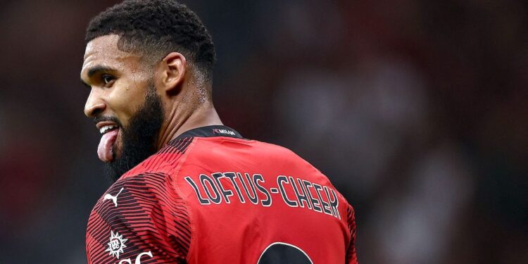 AC Milan's midfielder Ruben Loftus-Cheek from England reacts during the Italian Serie A football match AC Milan vs Torino on August 26, 2023 at the "San Siro Stadium" in Milan. (Photo by MARCO BERTORELLO / AFP) (Photo by MARCO BERTORELLO/AFP via Getty Images)