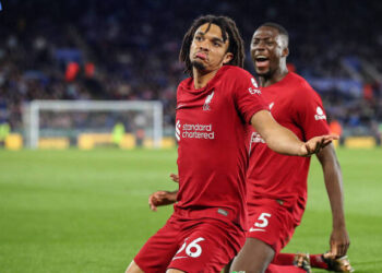 Premier League Leicester City v Liverpool Trent Alexander-Arnold 66 of Liverpool celebrates his goal to make it 0-3 during the Premier League match Leicester City vs Liverpool at King Power Stadium, Leicester, United Kingdom, 15th May 2023 Photo by Gareth Evans/News Images Leicester King Power Stadium Leicestershire United Kingdom Copyright: xGarethxEvans/NewsxImagesx