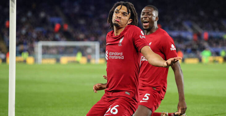 Premier League Leicester City v Liverpool Trent Alexander-Arnold 66 of Liverpool celebrates his goal to make it 0-3 during the Premier League match Leicester City vs Liverpool at King Power Stadium, Leicester, United Kingdom, 15th May 2023 Photo by Gareth Evans/News Images Leicester King Power Stadium Leicestershire United Kingdom Copyright: xGarethxEvans/NewsxImagesx
