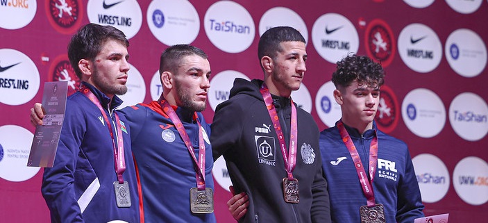 Podium 55kg GR - Gold Artium Deleanu (MDA), Silver Rashad Mammadov (AZE), Bronze Denis Florin Mihai (ROU) and Manvel Khachatryan (ARM)