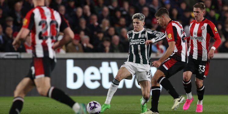 BRENTFORD, ENGLAND - MARCH 30: Alejandro Garnacho of Manchester United in action during the Premier League match between Brentford FC and Manchester United at Brentford Community Stadium on March 30, 2024 in Brentford, England. (Photo by Matthew Peters/Manchester United via Getty Images)