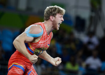 Armenia's Artur Aleksanyan reacts after defeating Turkey's Cenk Ildem during the men's wrestling Greco-Roman -kg competition at the 2016 Summer Olympics in Rio de Janeiro, Brazil, Tuesday, Aug. 16, 2016. (AP Photo/Markus Schreiber)