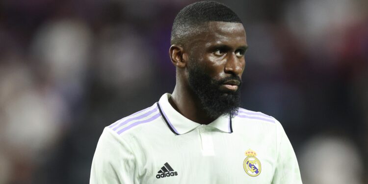 LAS VEGAS, NV - JULY 23: Antonio Rudiger of Real Madrid during the preseason friendly match between Real Madrid and Barcelona at Allegiant Stadium on July 23, 2022 in Las Vegas, Nevada. (Photo by James Williamson - AMA/Getty Images)