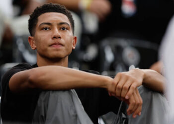 FRANKFURT AM MAIN, GERMANY - JUNE 20: Jobe Bellingham, brother of Jude Bellingham looks on during the UEFA EURO 2024 group stage match between Denmark and England at Frankfurt Arena on June 20, 2024 in Frankfurt am Main, Germany.(Photo by James Baylis - AMA/Getty Images)