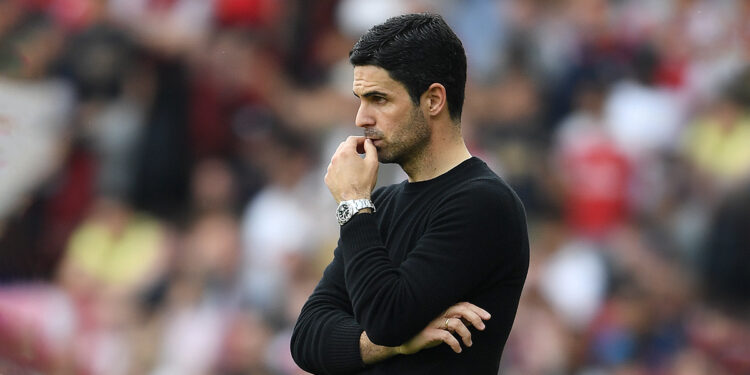 LONDON, ENGLAND - MAY 14: Mikel Arteta, Manager of Arsenal, reacts during the Premier League match between Arsenal FC and Brighton & Hove Albion at Emirates Stadium on May 14, 2023 in London, England. (Photo by Stuart MacFarlane/Arsenal FC via Getty Images)