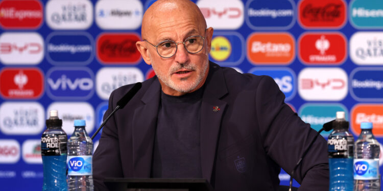 DUSSELDORF, GERMANY - JUNE 24: Luis de la Fuente, Head Coach of Spain, speaks to the media in a post match press conference after the UEFA EURO 2024 group stage match between Albania and Spain at D?sseldorf Arena on June 24, 2024 in Dusseldorf, Germany. (Photo by Christopher Lee - UEFA/UEFA via Getty Images)