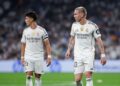 Arda Guler of Real Madrid and Franco Mastantuono of Real Madrid participate in the La Liga 2025/26 match between Real Madrid and Osasuna at Santiago Bernabeu Stadium in Madrid, Spain, on August 19. (Photo by Guillermo Martinez/NurPhoto via Getty Images)