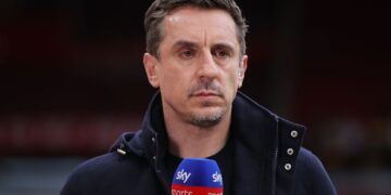 MANCHESTER, ENGLAND - MAY 03: Sky Sports pundit Gary Neville during the Premier League match between Manchester United and Liverpool at Old Trafford on May 03, 2026 in Manchester, England. (Photo by James Gill - Danehouse/Getty Images)
