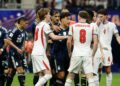 Players argue during the World Cup semifinal soccer match between England and Argentina in Atlanta, Wednesday, July 15, 2026. (AP Photo/Erik S. Lesser)