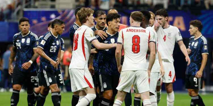 Players argue during the World Cup semifinal soccer match between England and Argentina in Atlanta, Wednesday, July 15, 2026. (AP Photo/Erik S. Lesser)