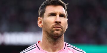 MIAMI, FLORIDA - AUGUST 05: Lionel Messi #10 of Inter Miami CF lines up prior to the Leagues Cup Phase One match between Inter Miami CF and Atletico San Luis at Nu Stadium on August 05, 2026 in Miami, Florida. (Photo by Megan Briggs/Getty Images)