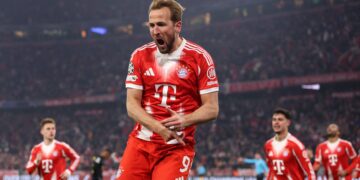 MUNICH, GERMANY - JANUARY 21: Harry Kane of FC Bayern Munich celebrates scoring his team's first goal during the UEFA Champions League 2025/26 League Phase MD7 match between FC Bayern München and R. Union Saint-Gilloise at Football Arena Munich on January 21, 2026 in Munich, Germany. (Photo by Adam Pretty/Getty Images)